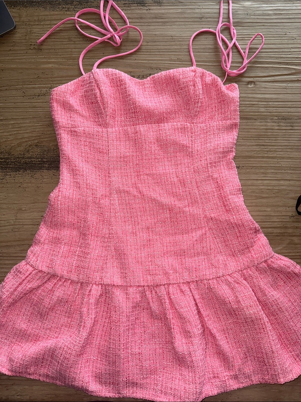Pink Textured Mini Dress with Adjustable Tie Straps